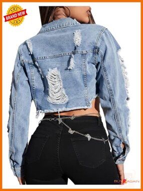 Cropped Distressed Denim Jacket Ripped Raw Hem Frayed Jean Jacket